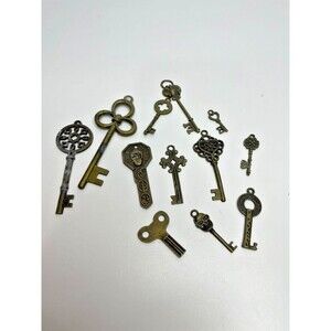 Lot of Antique Goldtone Heart or Flower Shaped Faux Skeleton Key Pendants Charms